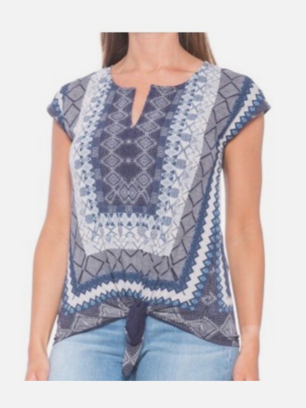 Lucky Brand Blouse Womens XXL Blue White Boho Aztec Peasant Tie Waist Light Airy